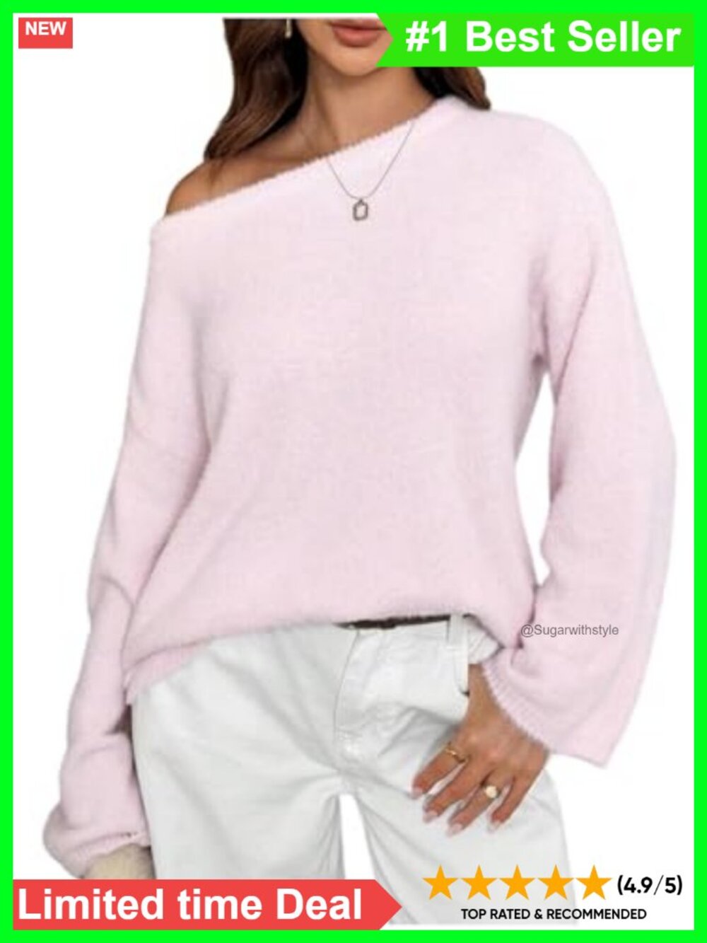 Off Shoulder Fuzzy Knit Pullover Sweater Asymmetrical Neck Loose Fit